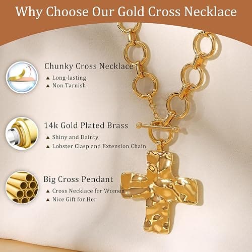 CHESKY 14K Gold Plated Chunky Cross Necklace for Women Toggle Clasp | Hammered Cross Pendant, Statement Gold Necklace, Chunky Gold Chain, Toggle Clasp Jewelry, Vintage Trendy Style thumbnail 5