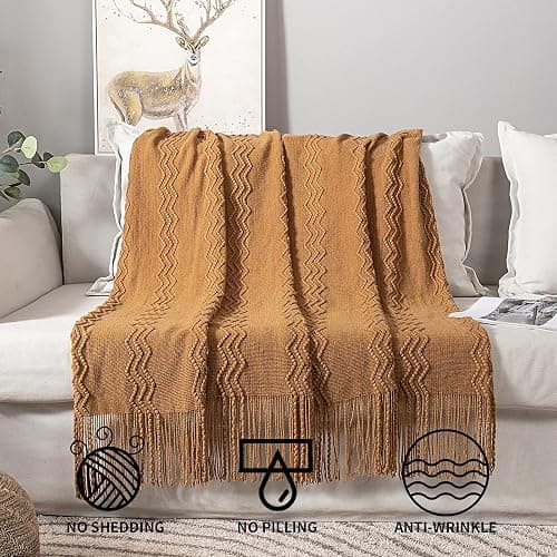 MIULEE Knitted Brown Throw Blanket for Couch,Boho Bed Decor Knit Outdoor Blankets Throw Size with Tassels Cozy Woven for Sofa Home Chair Wave Pattern 50" x 60" Inches thumbnail 8