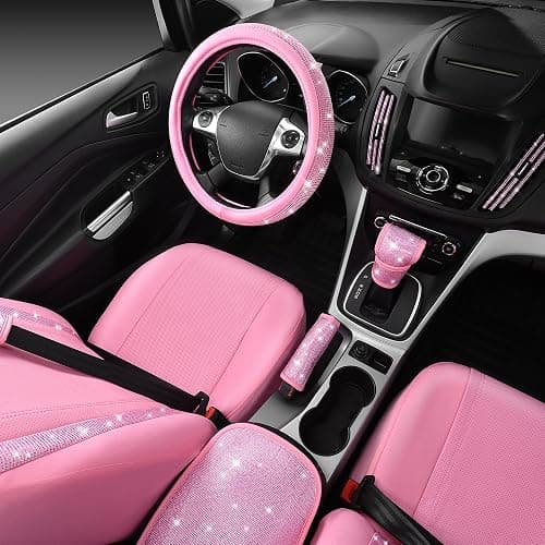 CAR PASS 24 PCS Pink Bling Diamond Accessories Set for Women, Leather Seat Covers, 15'' Steering Wheel Cover, Shining Rhinestone Sparkly Hooks, Coasters, Cute Interior Decorations thumbnail 3