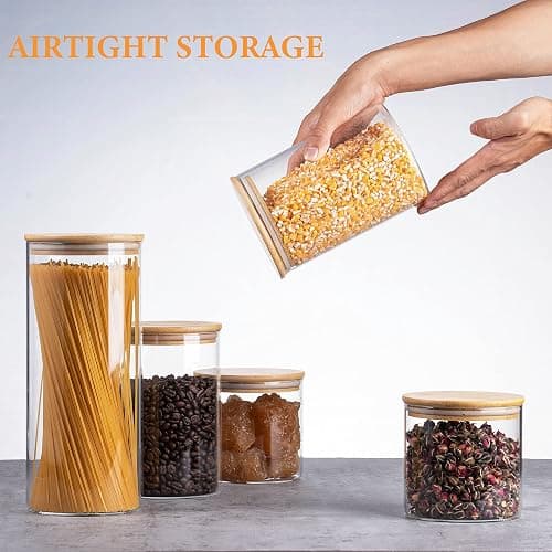 YUNCANG Glass Storage Jars [Set of 5],Clear Glass Food Storage Containers with Airtight Bamboo Lid Stackable Kitchen Canisters for Candy,Cookie,Rice,Sugar,Flour,Pasta,Nuts and Spice Jars - Circular thumbnail 4