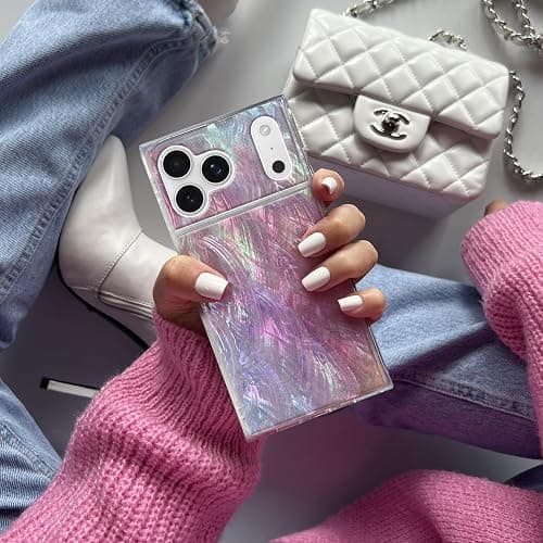 Flaunt Official Square Protective Case - Compatible with iPhone 17e/16e/15/14/13 - Compatible with MagSafe & Wireless Charging - Drop-Tested & Shockproof - (Pink Mother of Pearl) thumbnail 2