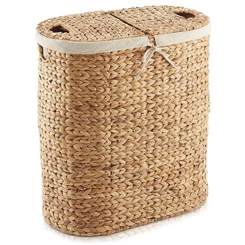 Casafield Oval Laundry Hamper with Lids and Removable Liner Bags - Natural, Woven Water Hyacinth 2-Section Laundry Basket Sorter for Clothes and Towels thumbnail 4