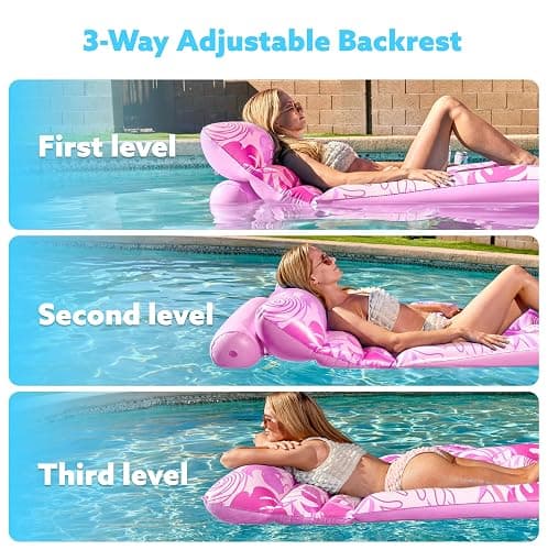 SLOOSH Adjustable Backrest Pool Floats - Tropical Leaves Pool Lounger Floaties Adults with Cup Holders, Inflatable Tanning Float Rafts Chair Beach Lake Lounge Floating Above Water Keep Cool (Pink) thumbnail 5