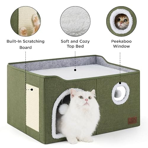 Bedsure Large Cat Beds for Indoor Cats - Extra Wide Cat Cube House for Small Pet with Fluffy Ball Hanging and Scratch Pad, Foldable Pet Cave Hideaway for Multiple Cats, 23.6x16.9x13 inches thumbnail 5