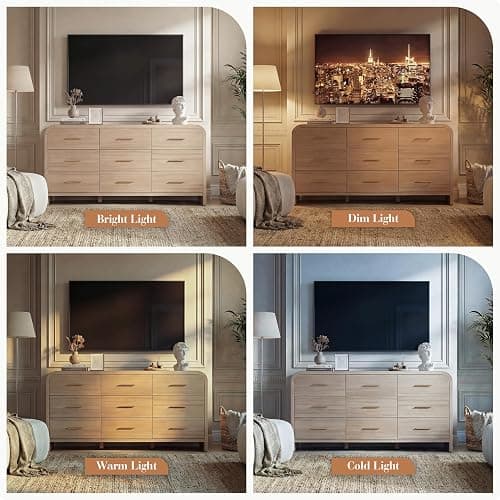 EliteSet Curved 9-Drawer Dresser for Bedroom, 63" Wide Modern Chest of Drawers, Vanity Desk TV Stand for Living Room, Closet Storage Drawers Organizer Furniture, Nursery, Hallway, Gray Oak thumbnail 4