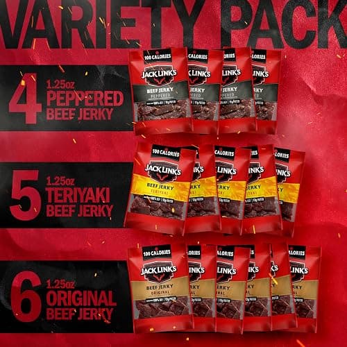 Jack Link's Beef Jerky Variety Pack – Includes Original, Teriyaki and Peppered Jerky, Bulk Protein Snack Pack, Good Source of Protein, Meat Snacks Made with 100% Beef – 1.25 Oz (Pack of 15) thumbnail 6