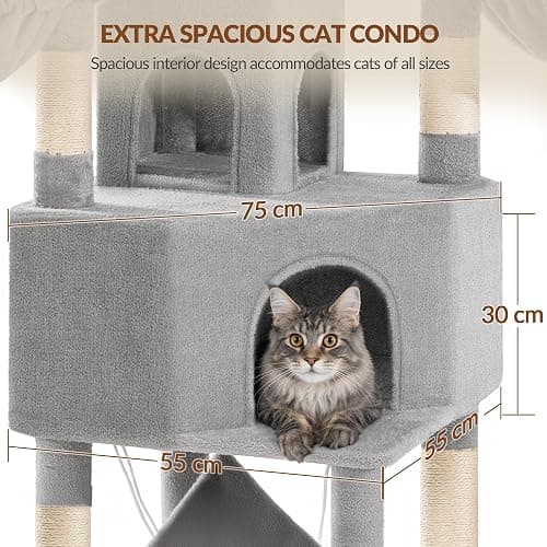Fobyfurny Arbre à Chat XXL, 220 cm, avec Grande Grotte, Gris Clair | 3 Perchoirs, 8 Griffoirs, Hamac, Panier, Poteau de Toilettage, Corde Épaisse en Sisal Usage Intérieur FPMS011FG1 thumbnail 4