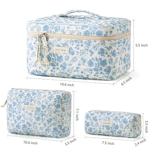HBselect 3 PCS Quilted Makeup Bag, Cotton Large Travel Makeup Bag, Cute Floral Coquette Make up Bag Cosmetic Bag Toiletry Bag for Women Girls thumbnail 6