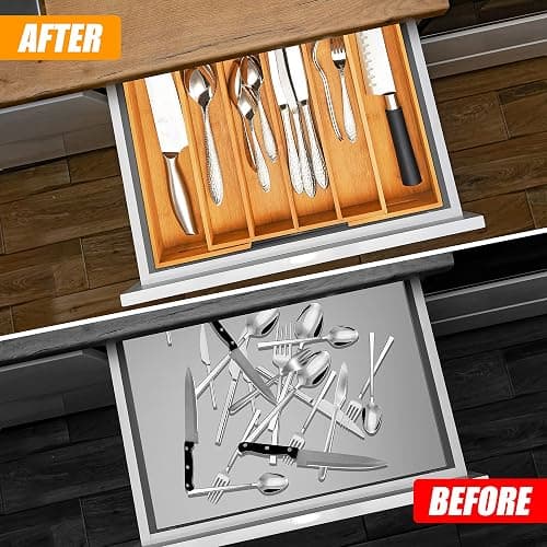 Bellsal Silverware Organizer Kitchen Drawer Organizer Expandable Bamboo Utensil Holder Cutlery Tray for Kitchen Utensil and Flatware Bedroom Office - Nature - 7 Slots Expandable thumbnail 3