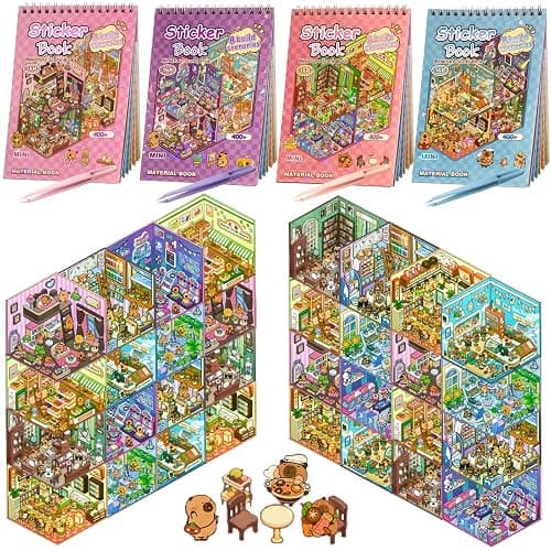 4 Sticker Books (1200+), 32 DIY 3D Scene Sticker Collection with Tweezers, Reusable Creative Craft Set, Aesthetic Art Supplies & Party Favor - Image 1