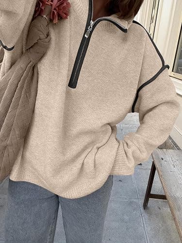 ANRABESS Womens Quarter Zip Sweaters Fall Long Sleeve V Neck Shirts Collared Business Casual Tops Knit Pullover Sweatshirts thumbnail 3