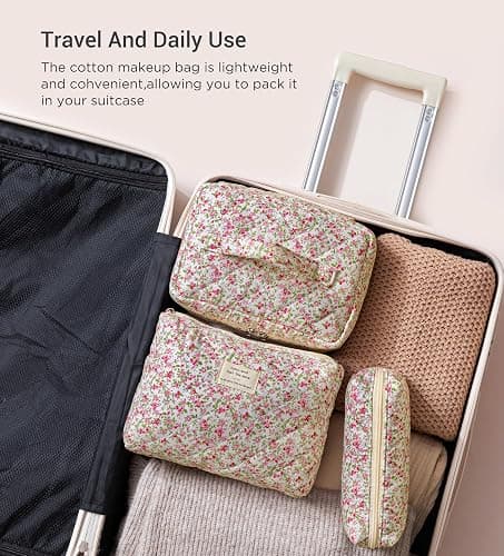 HBselect Quilted Makeup Bag, 3PCS Cotton Large Travel Makeup Bag, Cute Floral Coquette Make up Bag Cosmetic Bag Toiletry Bag for Women Girls thumbnail 4
