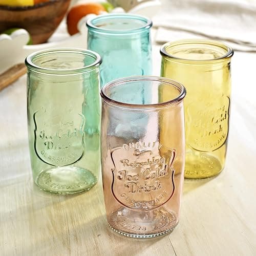 Glaver's Colored Glassware, Ice Cold Drinking Glasses Set of 4 – 20 Oz Vintage Glass Cups for Kitchen, Dining Table – Multi- Colors Glass Tumblers. Hand Wash. thumbnail 6