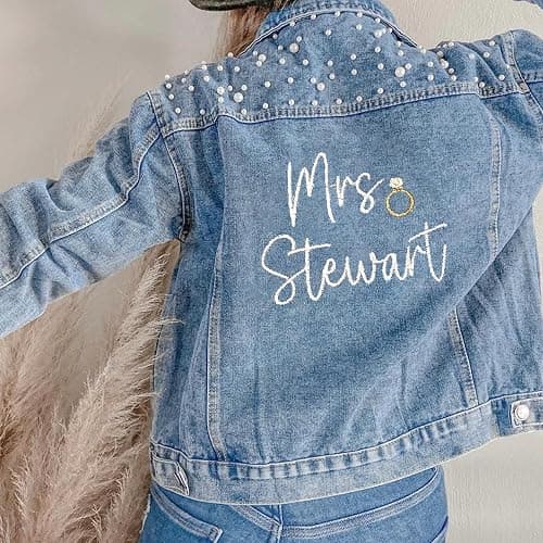 Noni Personalized Embroidered Bride Denim Jacket, Future Mrs Jean Jacket With Pearls, Wedding gifts for Bride thumbnail 2