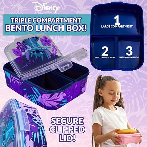 Disney Stitch Kids Lunch Box with Compartments and Water Bottle for School (Blue/Purple) thumbnail 4