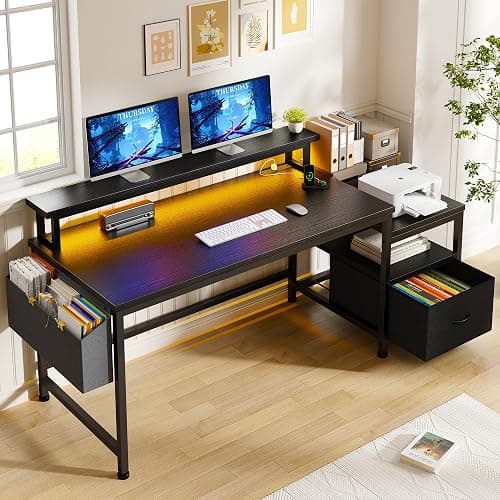 EnHomee 57" Computer Desk with Drawers and Printer Space,Office Desk with Power Outlets,Home Office Desks with File Drawers Cabinet,Study Writing and Gaming Desk with Shelves Monitor Stand,Black - Image 1