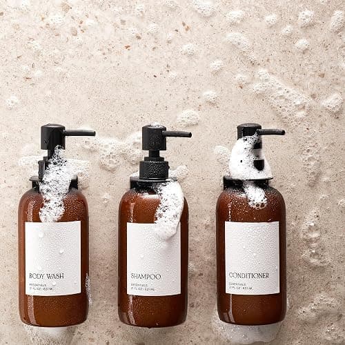 Stylish Shampoo & Conditioner Dispenser Set of 3 - Wall Mount, Drill Free | Modern 21oz Shower Soap Bottles with Labels - Easy Refill Body Wash Dispensers for an Instant Bathroom Decor Upgrade thumbnail 5