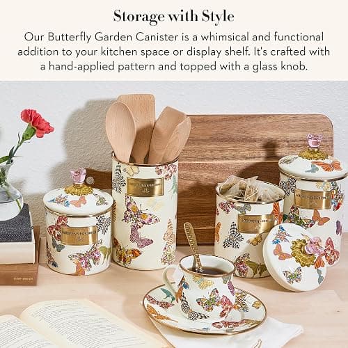 MACKENZIE-CHILDS Butterfly Garden Enamel Canister, Pretty Kitchen Storage Container with Lid, Medium thumbnail 2