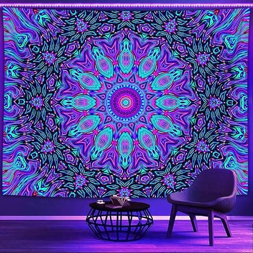 PSYHILAR Blacklight Mandala Tapestry for Bedroom, Psychedelic Black Light Posters for Adults and Teens, Neon UV Reactive Aesthetic Bohemian Art Wall Hanging Decor (60 x 50 Inches) thumbnail 2