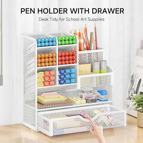 VITVITI Sturdy Mesh Desk Organiser for Office Accessories, Desk Organiser for Stationery Supplies, Make Up Brush, Art storage, 5 Tier Metal Stackable Storage drawers - White thumbnail 6