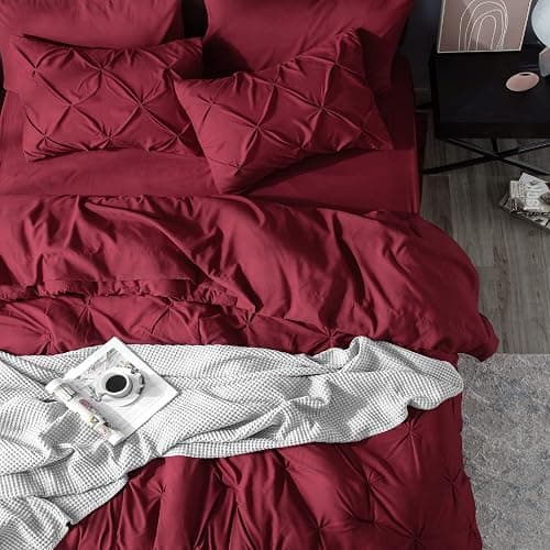 Bedsure Queen Comforter Set Dark Red - Bed in a Bag Queen Size Bedding 7 Pieces, GentleSoft™ Pintuck Bed Set Gift for Family, Pinch Pleat All Season Comforter with Sheets, Pillowcases & Shams thumbnail 7