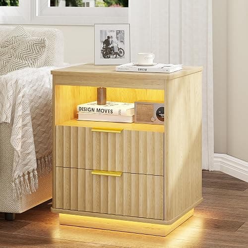 Dystler Nightstand with LED Light and Charging Station for Bedroom, Wood | 2 Drawers, Open storage space, Smart Bedside Table, Human Sensor, Modern thumbnail 8