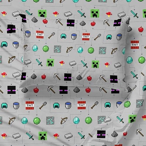 Jay Franco Kids Sheet Set with Fitted, Flat Sheets & Pillow Cover - Ultra-Soft Bedding with Pillowcase for Room Decor, Gray - Minecraft, 3 Piece Twin thumbnail 4