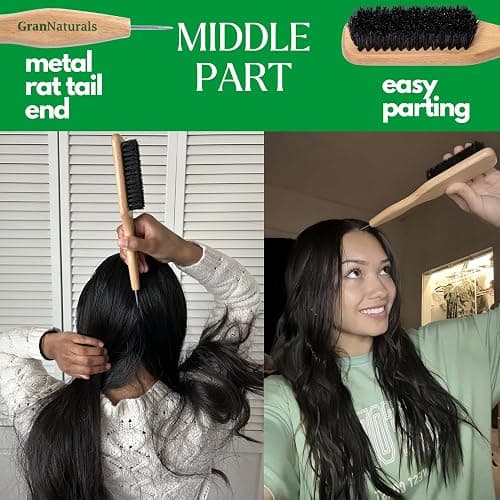 GranNaturals Smoothing & Styling Middle Part Boar Bristle Slick Back Hair Brush w/Narrow Metal Rat Tail End for Sectioning and Parting Sleek Ponytail Bun - Teasing, Backcombing, Edge Control thumbnail 3