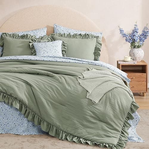 BLOOMHAVEN Queen Comforter Set - 7 Pieces Ruffle Sage Green Bedding Sets, Shabby Chic Farmhouse Bed in a Bag Queen with Ruffle Comforter, Floral Sheets, Pillowcases & Shams thumbnail 8