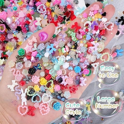 1500Pcs 3D Nail Charms for Acrylic Nails, Resin Butterfly Flower Star Heart Bow Charms Flatback Pearls Rhinestone Metal Gems Charm for Nail Art Design DIY Crafts (1500Pcs-Color) thumbnail 7