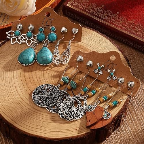 IFKM Bohemian Jewelry Set With Turquoise Necklace, Dangle Earrings, Stackable Bangle Bracelets, Knuckle Rings For Women Vintage Western Boho Turquoise Anniversary Birthday Friendship Gift thumbnail 6