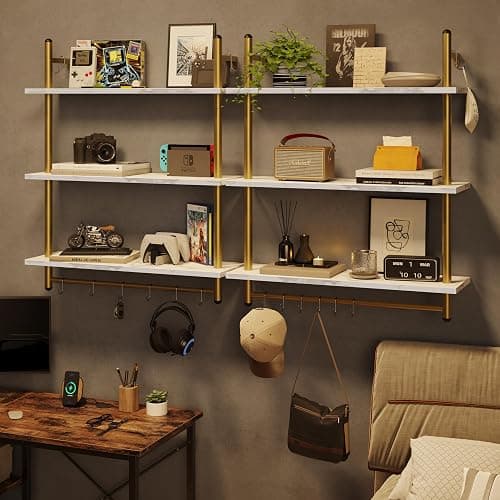 Bestier 31" Industrial Pipe Shelving, Floating Kitchen Wall Shelves 3 Tier Coffee Bar Shelves for Wall with 8 Hooks, Hanging Display Shelf Bookshelf for Living Room Bathroom, White Marble thumbnail 7