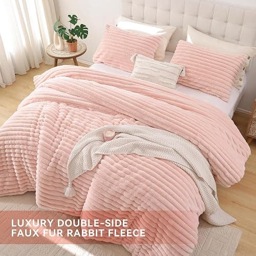 Smoofy Fluffy Full Size Comforter Sets 3 Pieces - Blush Pink Fleece Fluffy Comforter Set, Luxury Fuzzy Full Bed Set, Soft Comforter Full Size All Season, Heavy Faux Fur Comforter with 2 Pillow Cases thumbnail 4