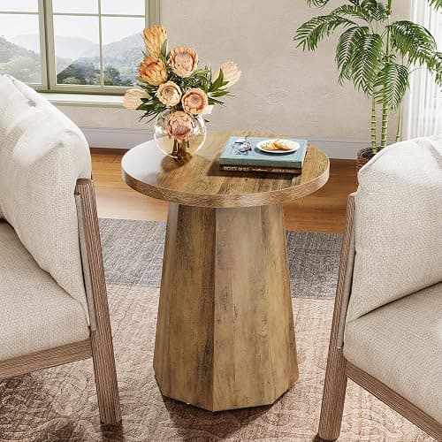 Tribesigns Farmhouse Round End Table, Wooden Couch Side Table with Octagonal Base, Rustic Brown Nightstand Pedestal Accent Furniture for Living Room, Bedroom (2) thumbnail 6