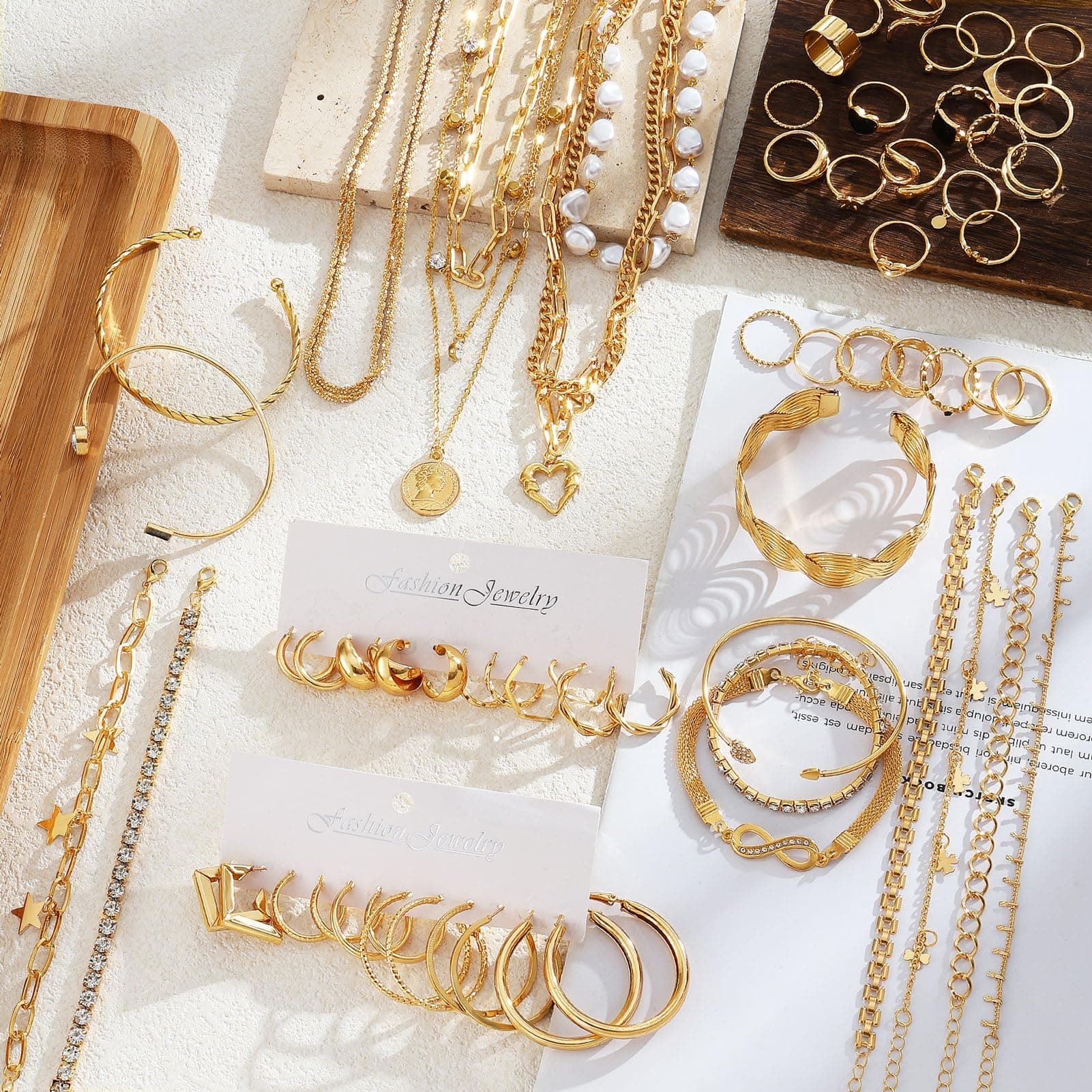38-59 pieces (8-9 set) gold plated jewelry set for women with 8 necklaces, 12 bracelets, 27 rings, 12 pairs of dangle earrings, simple and sparkling Happy-Gold jewelry for women thumbnail 2