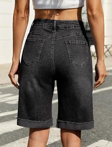 Eddoyee Bermuda Shorts for Women High Waisted Knee Length Cuffed Long Stretchy Denim Shorts Loose Summer Jean Jorts thumbnail 2
