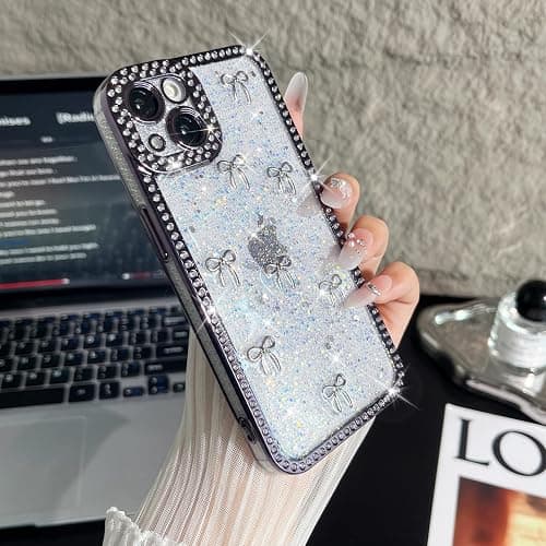 FABSPARK Clear Case for iPhone 16 Plus,Glitter 3D Bow,Purple/Silver Bow | Bling Ribbon | Shiny Sparkly Crystal Diamond Rhinestone Sequin | Transparent for iPhone 16 Plus Case - Purple/Silver Bow thumbnail 8