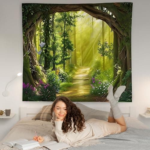 WNAGT Green Enchanted Forest Tapestry Wall Hanging, Cottage Core Decor, Magical Fantasy Sunray Woods Butterfly Botanical Wall Blanket Decor for Home Bedroom Living Room Office, 50x60 Inch thumbnail 3