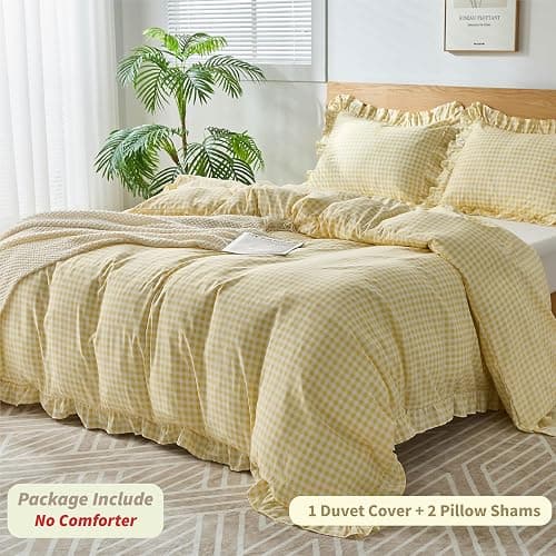 kisswish Gingham Duvet Cover Full Size, 3 Pieces Soft Breathable Microfiber Plaid Comforter Cover with Zipper Closure & 2 Pillow Shams, Ruffle Farmhouse Vintage Decor, Yellow thumbnail 3