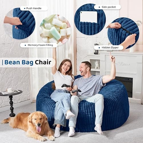 HABUTWAY 5FT Bean Bag Chair, 5' Large Bean Bag Chairs for Adults with Removable Stripe Plush Cover, Memory Foam Beanbag Chair for Living Room Bedroom Dorm (Blue) thumbnail 3