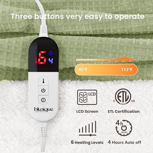 blunique Heated Blanket Electric Throw Waffle, 50x60 Inches Sherpa Fleece Fast Heating Blanket 6 Heating Levels & 4 Hours Auto Off ETL Certification, Sage Throw thumbnail 5