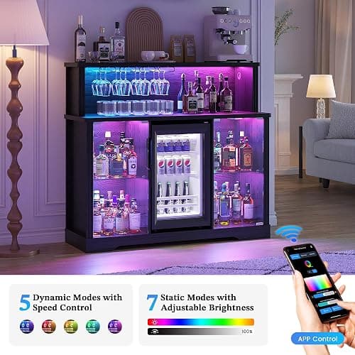 TAGELIER 47'' Wine Bar Cabinet with Mini Fridge Space & RGB Lights | Charging Station, Coffee Bar Station, Adjustable Shelves, Wine Racks, Liquor Cabinets, for Home Bar Dining Room Living Room thumbnail 3