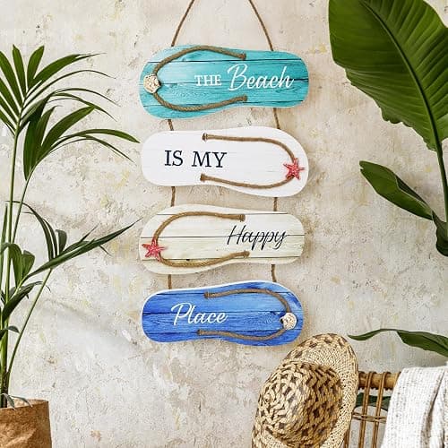 Wooden Flip Flop Beach Decor Sign Nautical Coastal Wood Wall Decor with Rope Hanger Summer Indoor and Outdoor Wall Accent for Bathroom, Bedroom & Living Room thumbnail 2
