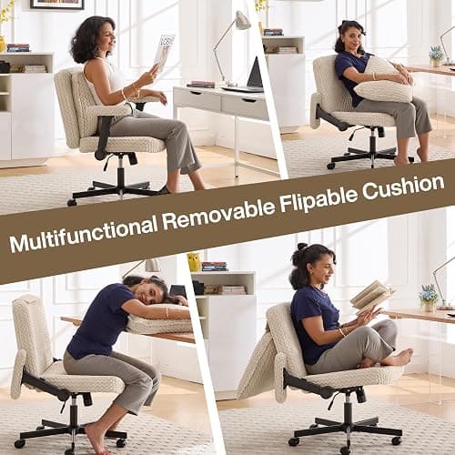 Fizzin Criss Cross Chair,Cross Legged Office Chair with Arms,Wide Office Desk Chair with Flipable Back Cushion Swivel Chair,Criss Cross Office Chair Vanity Chairs for Home Office Bedroom(Beige) thumbnail 3