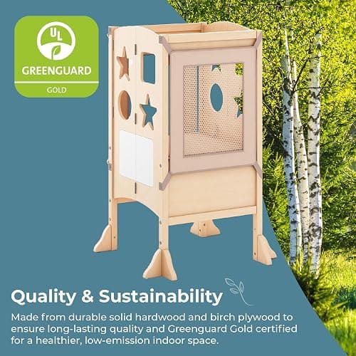 Guidecraft Classic Kitchen Helper® Toddler Tower - Gray: Folding, Adjustable Height, Learning Step Stool for Kids, W/Chalkboard | Montessori Collapsible Safety Non-Slip Platform thumbnail 4