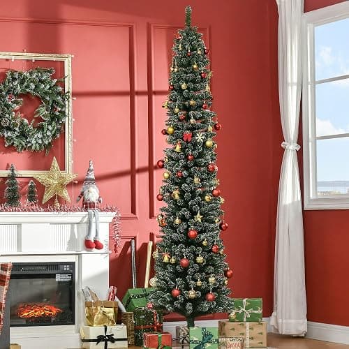 HOMCOM 7.5FT Artificial Snow Dipped Christmas Tree, Xmas Pencil Tree, Holiday Home Indoor Decoration with Foldable Black Stand for Party, Green thumbnail 2