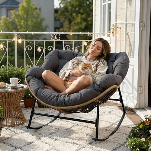 NICESOUL Rocking Papasan Chair Indoor Outdoor, Cushioned Patio Rattan Rocker, Oversized Large Egg Royal Rocking Chairs, 450lbs Sturdy Comfy Lounge Glider for Outside, Balcony, Porch, Xmas Gift, Grey thumbnail 4