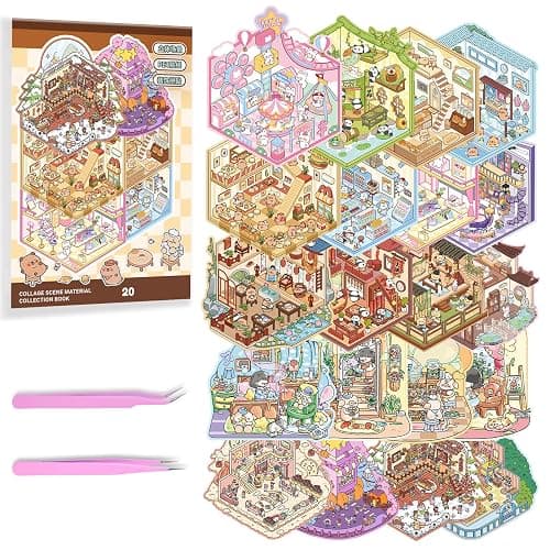 20 Sets Custom DIY 3D Sticker Scene Crafts Collection Book for Kids Adults | Make Your Own Shop House Stickers, Stress Relief Therapy, Hamburg Bakery Library Florist Party Scenes, Room Stickers - Image 1