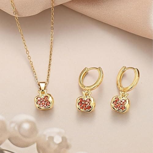KOFISNI Pomegranate Earrings Pomegranate Necklace for Women 18K Gold Plated Red Pomegranate Rhinestone Pendant Necklace Hoop Earrings Jewelry Set thumbnail 5