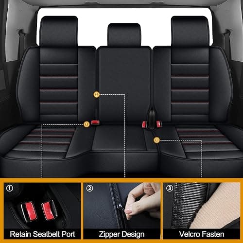 Seat Covers Fit for Dodge RAM 1500 2012-2025 2026: Compatible with RAM 1500 2500 3500 Crew Double Quad Cab Truck Pickup Full Set Car Seat Cover Faux Leather Seat Covers(Curved Bench, Redline) thumbnail 2